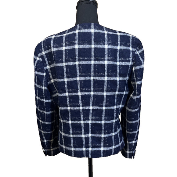 Vintage Pendleton Blazer Womens Size 12 Navy Blue Plaid Virgin Wool Metallic USA - Picture 2 of 14